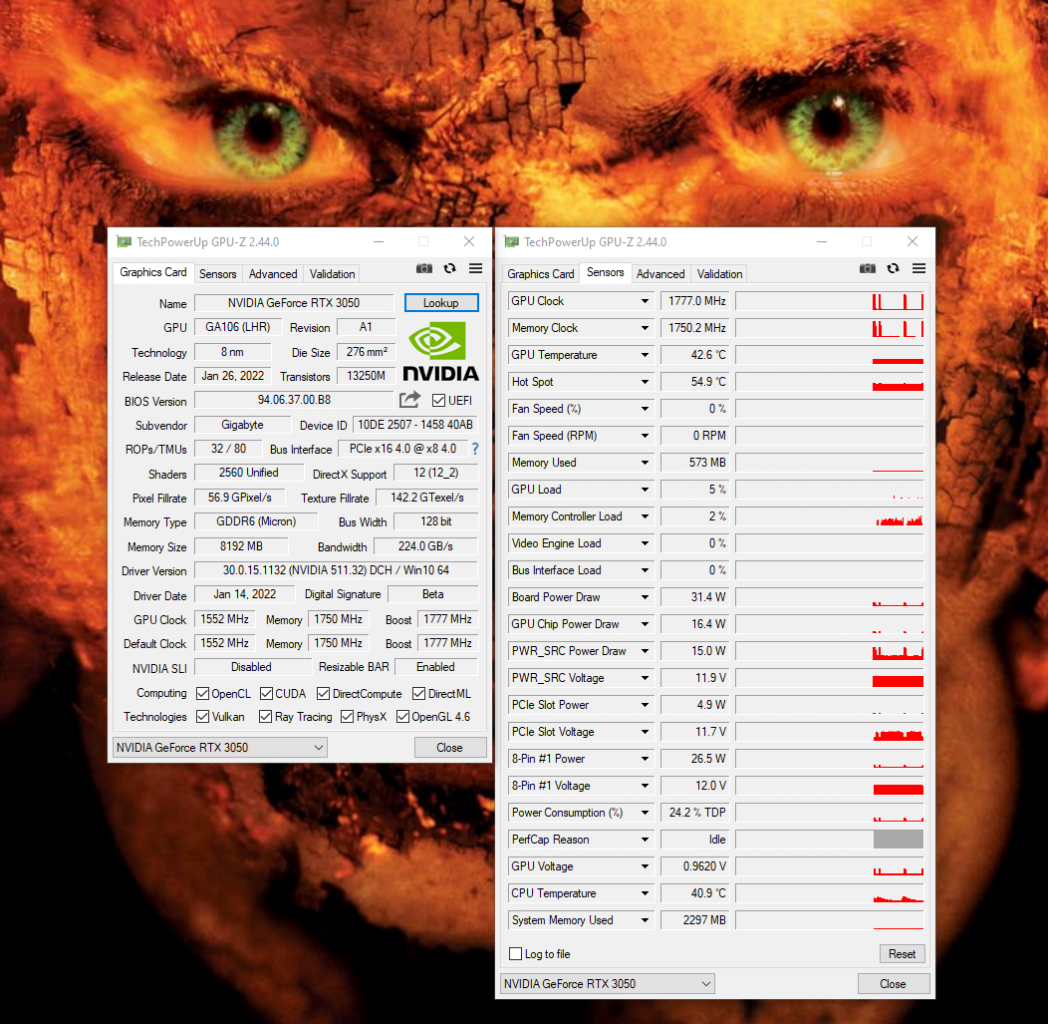 [25/01/2022] Geforce RTX 3050 8GB: GPU-Z Overview incl. Sensors.