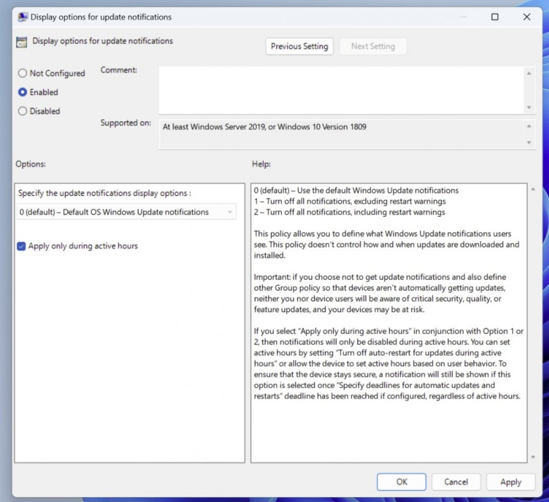 [25/02/2022] Gruppenrichtlinieneditor bei Windows 11 Pro mit Option zur Deaktivierung von Update Benachrichtigungen