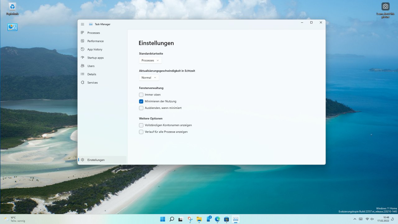 [17/02/2022] Neuer Task-Manager in Windows 11 Insider Preview 22557 Einstellungen