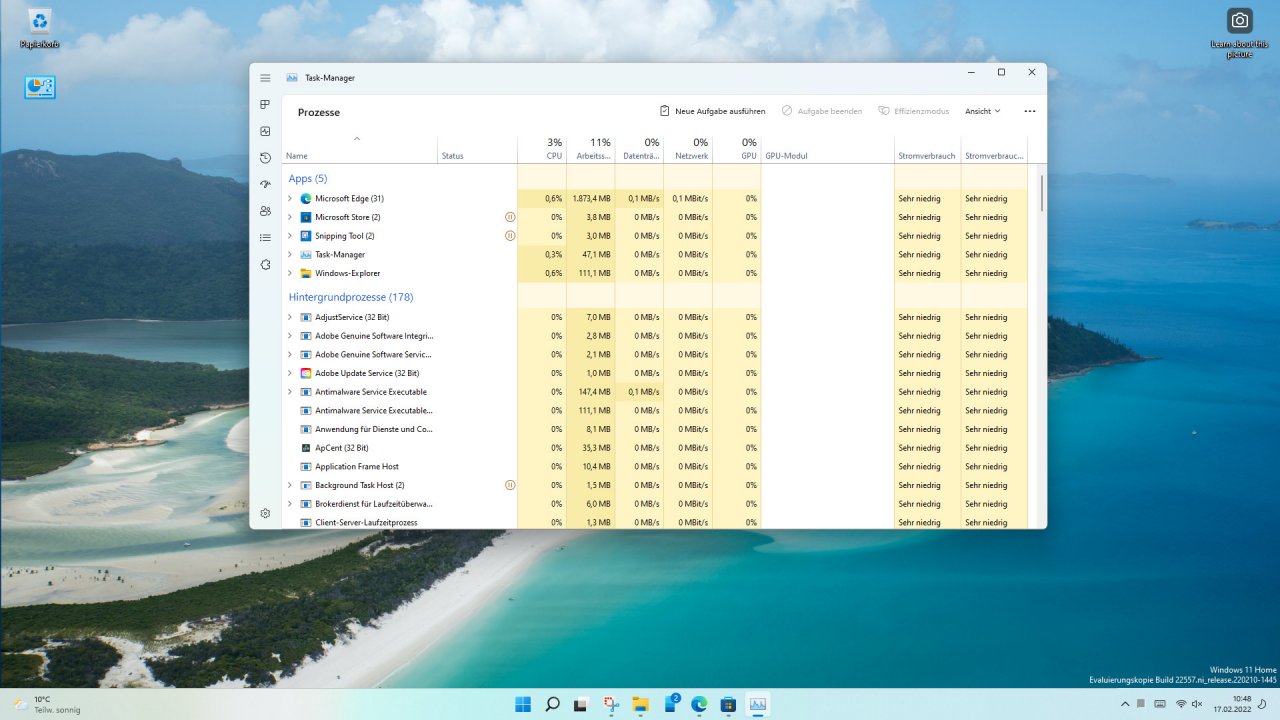 [17/02/2022] Neuer Task-Manager in Windows 11 Insider Preview 22557 aktive Prozesse