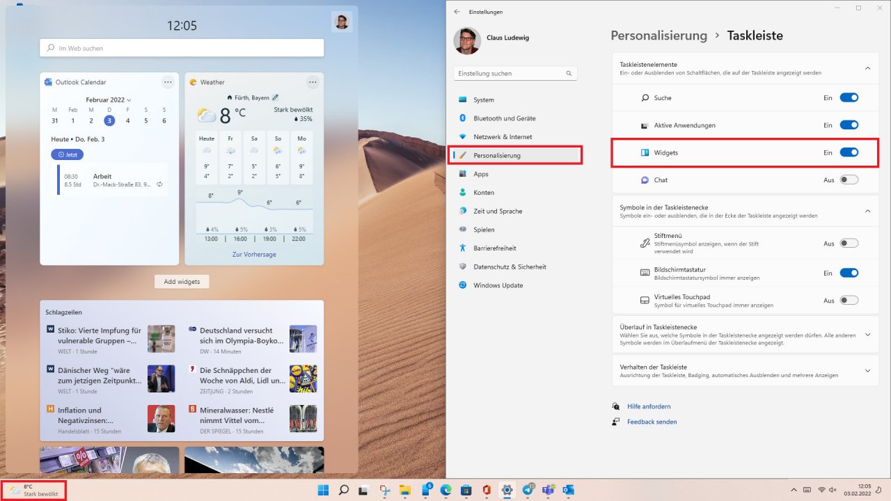 [03/02/2022] Widget Symbol in der Taskleiste von Windows 11 deaktivieren 01