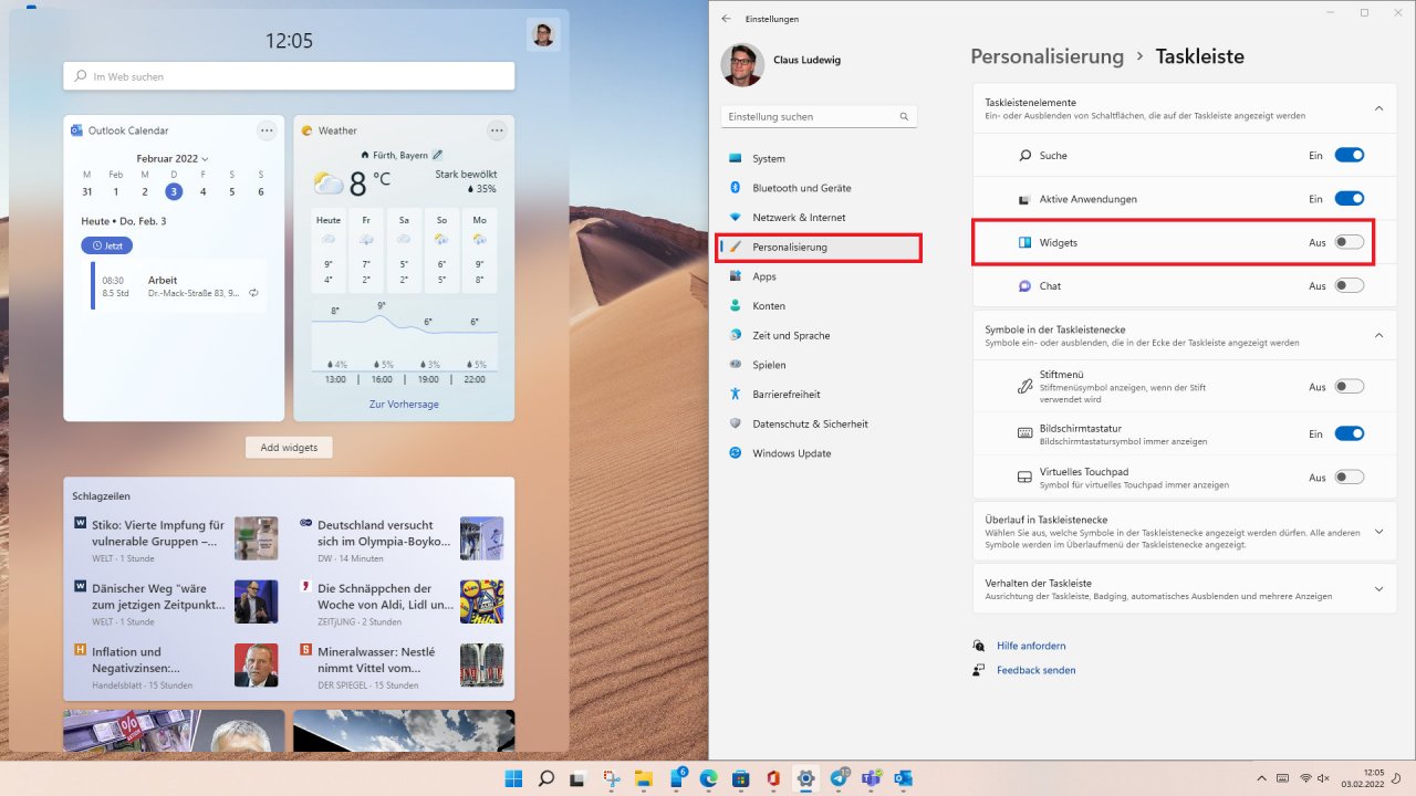 [03/02/2022] Widget Symbol in der Taskleiste von Windows 11 deaktivieren 02
