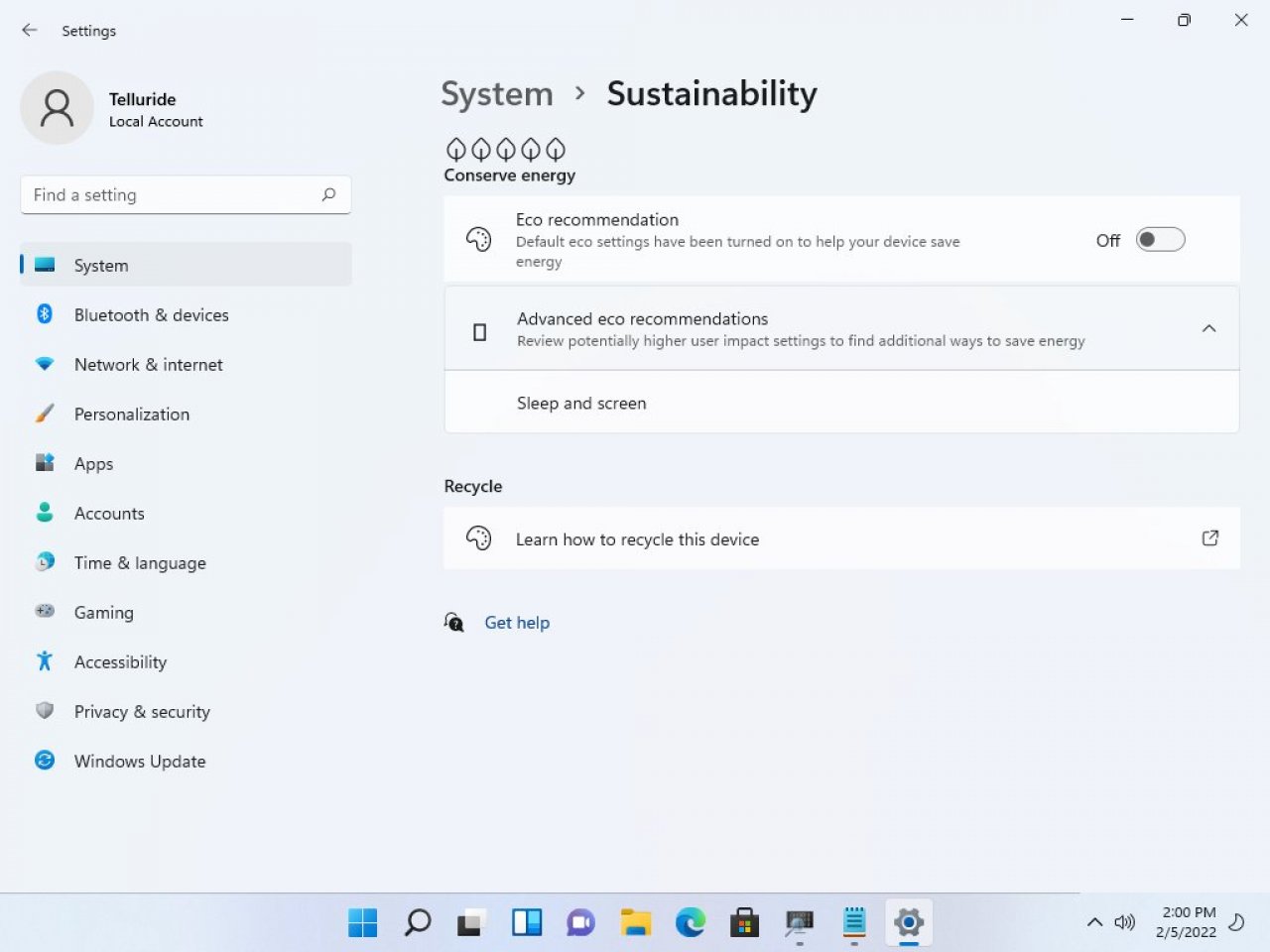[07/02/2022] Windows 11 Leak Sustainability Nachhaltigkeitsoptionen