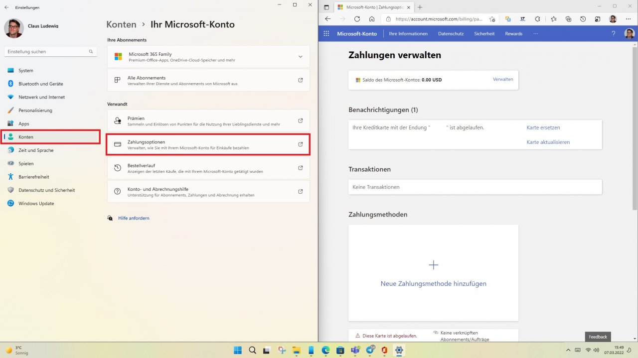 [07/03/2022] Zahlungsoption in Einstellungen von Windows 11 Version 22H2