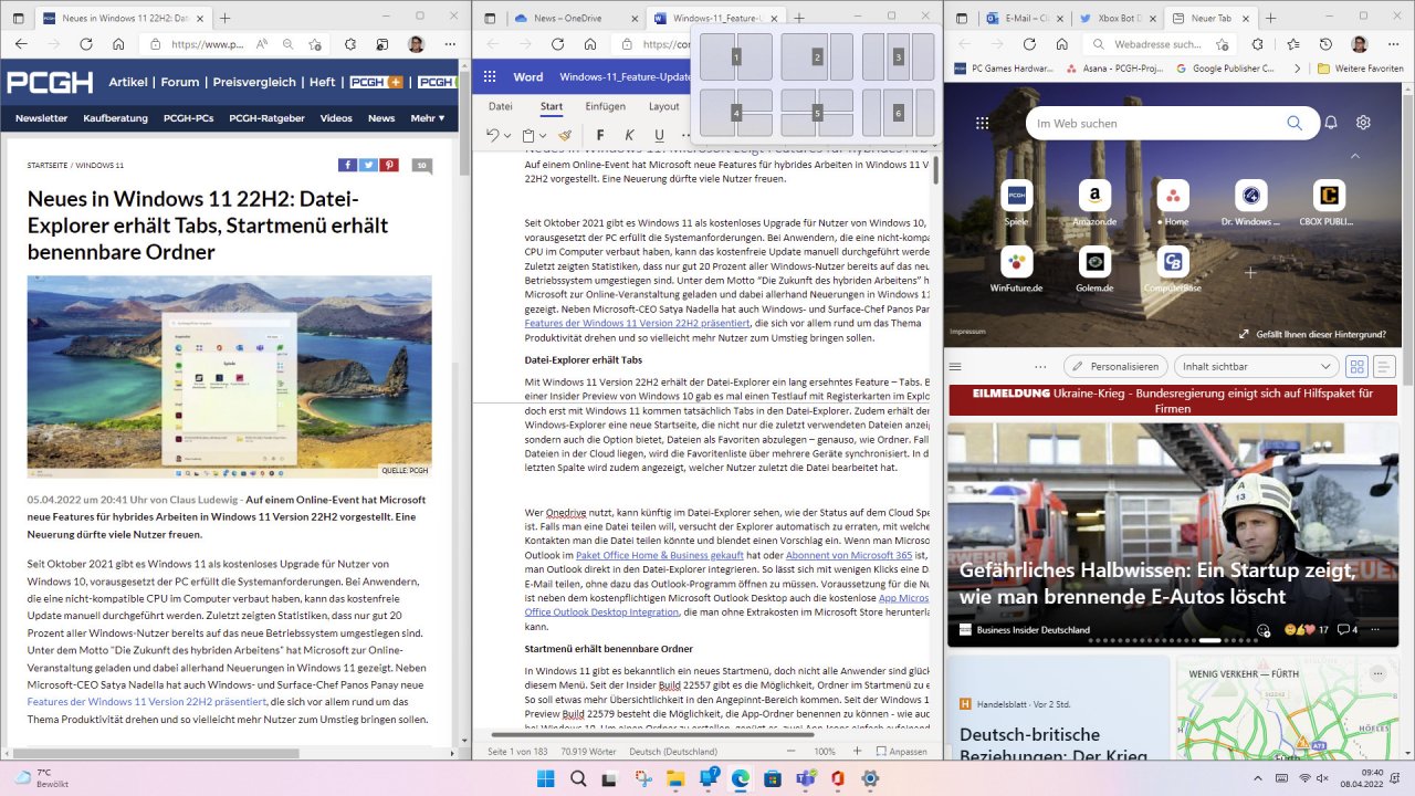 [08/04/2022] Snap-Layouts zur Fensterverwaltung in Windows 11.