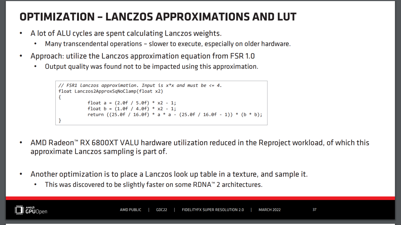 [12/05/2022] AMD FSR 2.0 - GDC Slides - Optimization - Lanczos Approximation and LUT