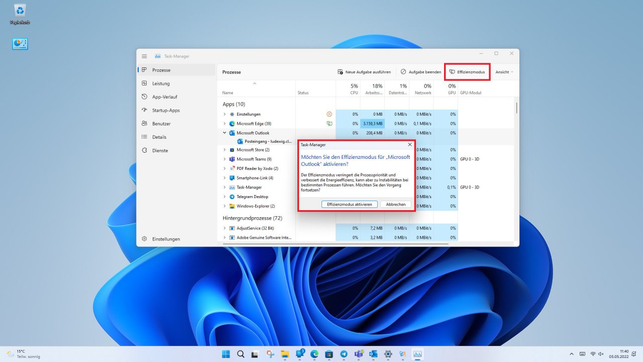 [05/05/2022] Effizienz Modus aktivieren beim neuen Task-Manager in Windows 11 Version 22H2.