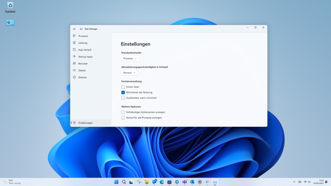 [05/05/2022] Einstellungen beim neuen Task-Manager in Windows 11 Version 22H2.