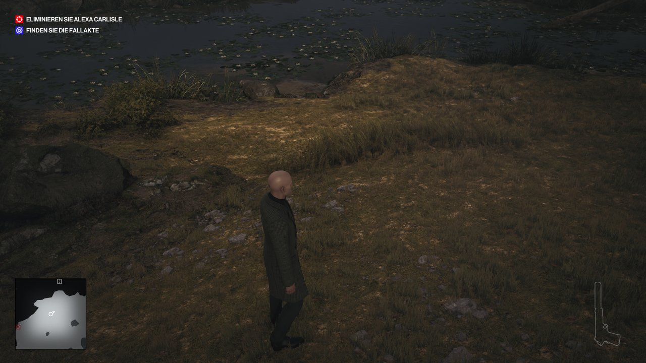 Hitman - Raytracing - LoD (Grasb&uuml;schel verdeckt, aber in Reflexion noch sichtbar; kein Screen-Space-Effekt)
