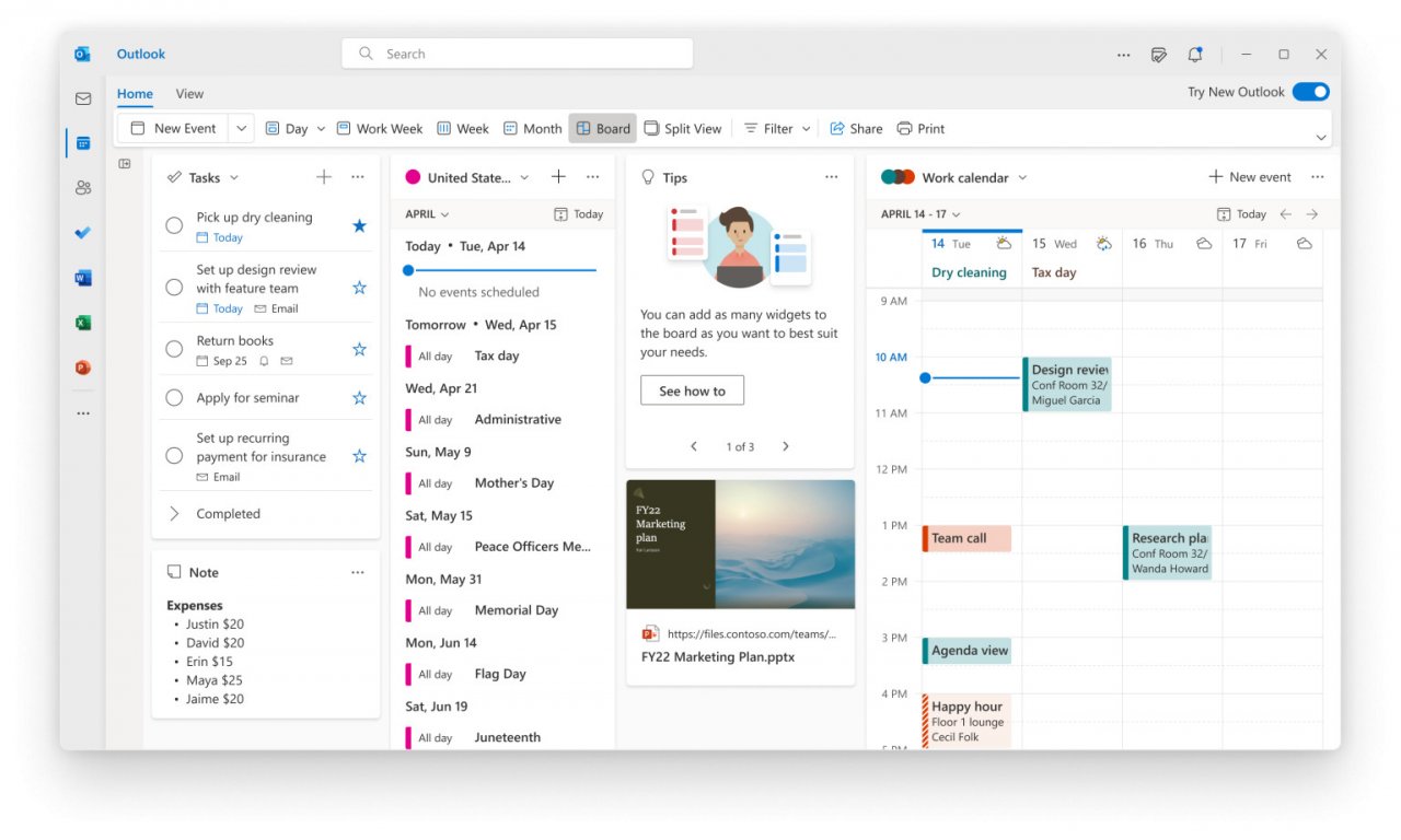 [18/05/2022] Neues Microsoft Outlook mit der neuen Board-Ansicht im Kalender.
