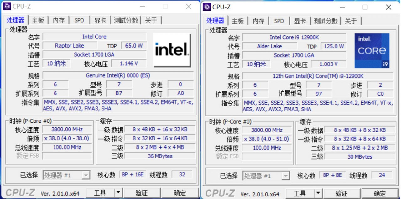 [25/06/2022] Spezifikationen im Vergleich. Links: Raptor Lake (Engineering Sample). Rechts: Intel Core i9 12900K