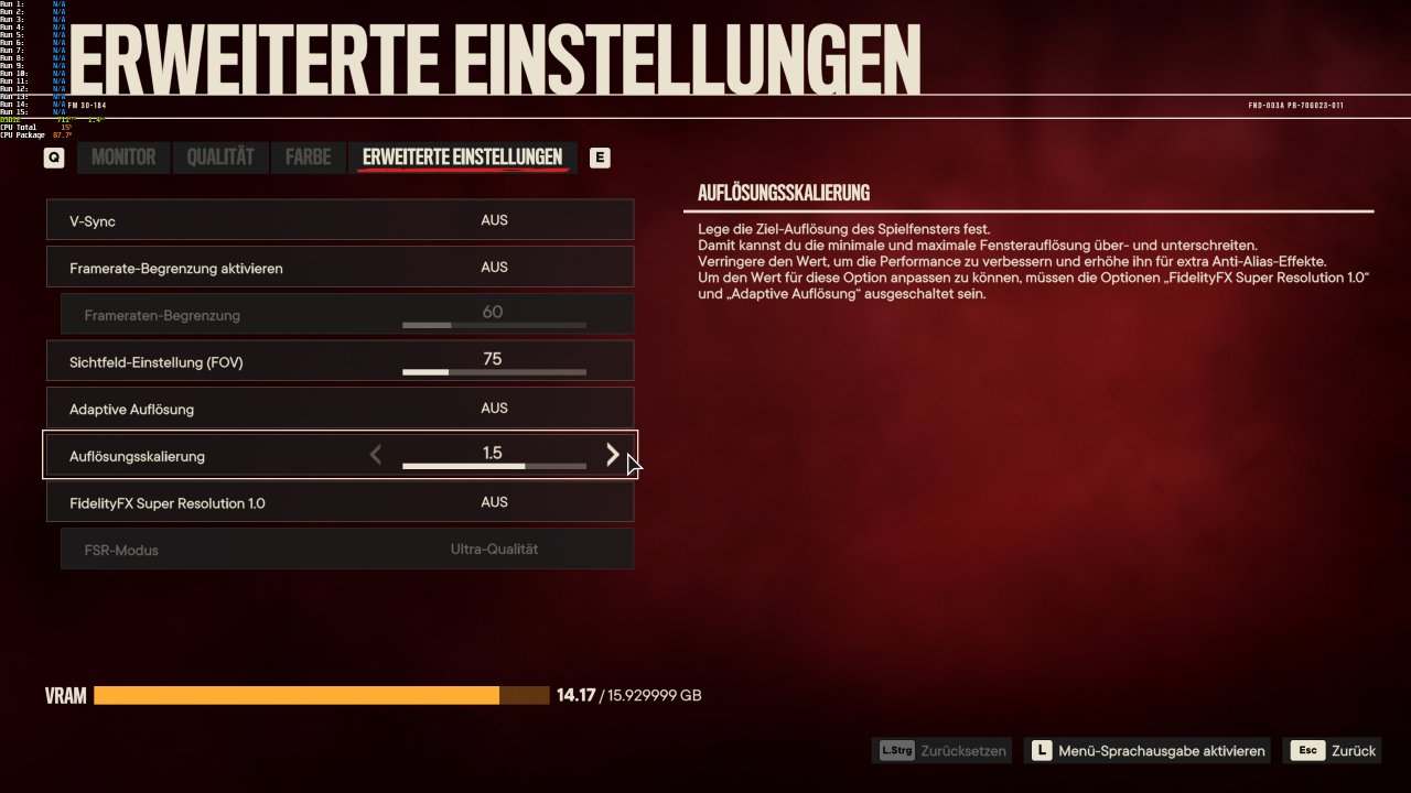 Far Cry 6 mit 1,5 Res Scale: 14 von 16 GiB adressiert