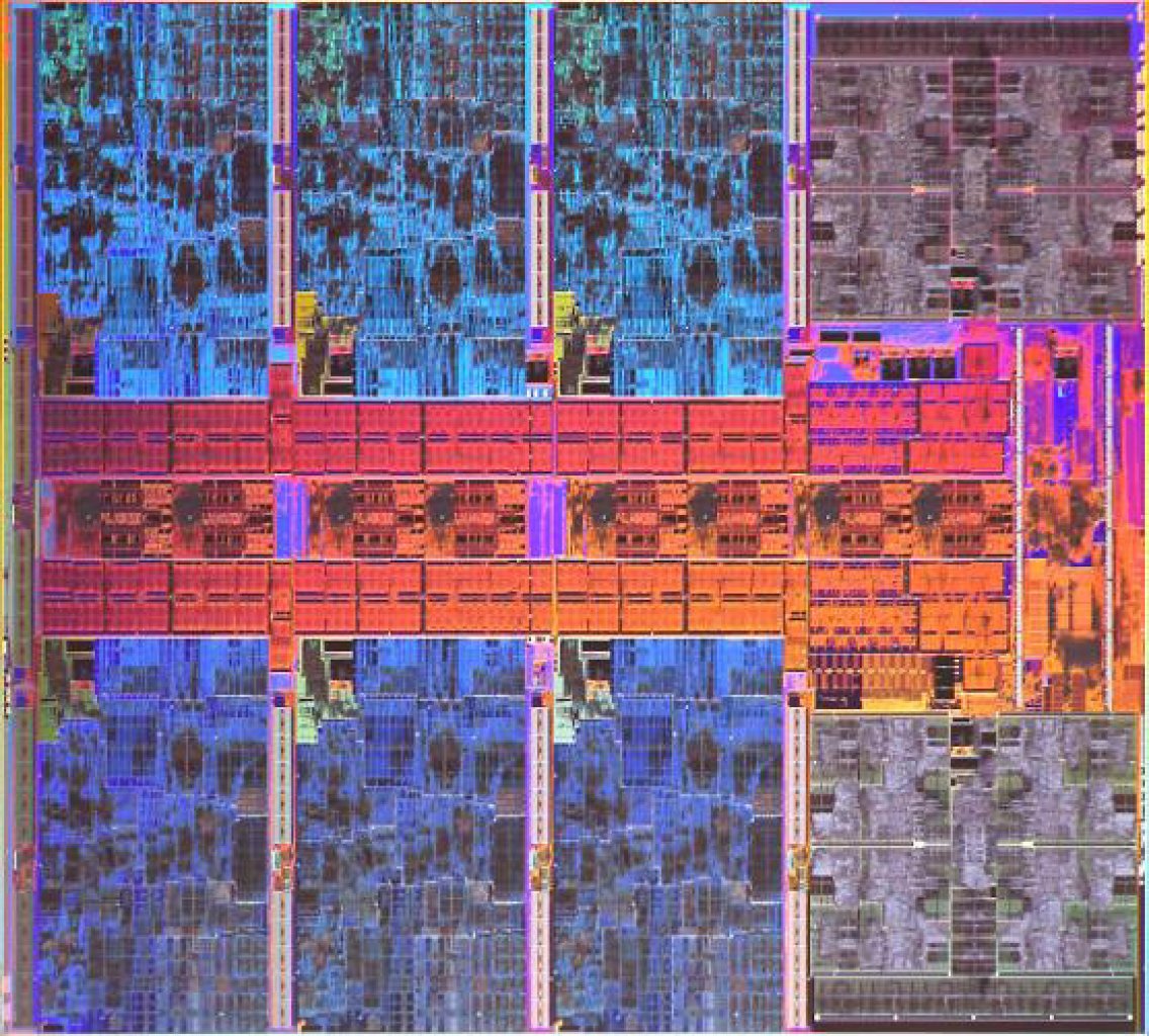 [12/06/2022] Die-Shot des Compute-Chips von Meteor Lake. Gut zu erkennen sind die sechs blauen Performance-Kerne. Rechts oben und rechts unten sind zudem zwei Viererblöcke mit Effizienz-Kernen untergebracht.