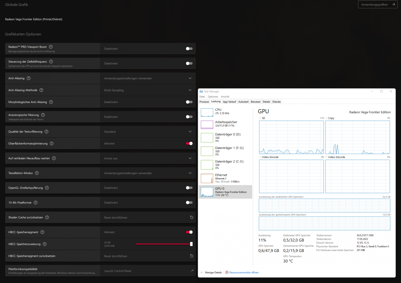 Radeon Vega FE: Der Windows-Taskmanager bescheinigt 16 + 32 GiByte.
