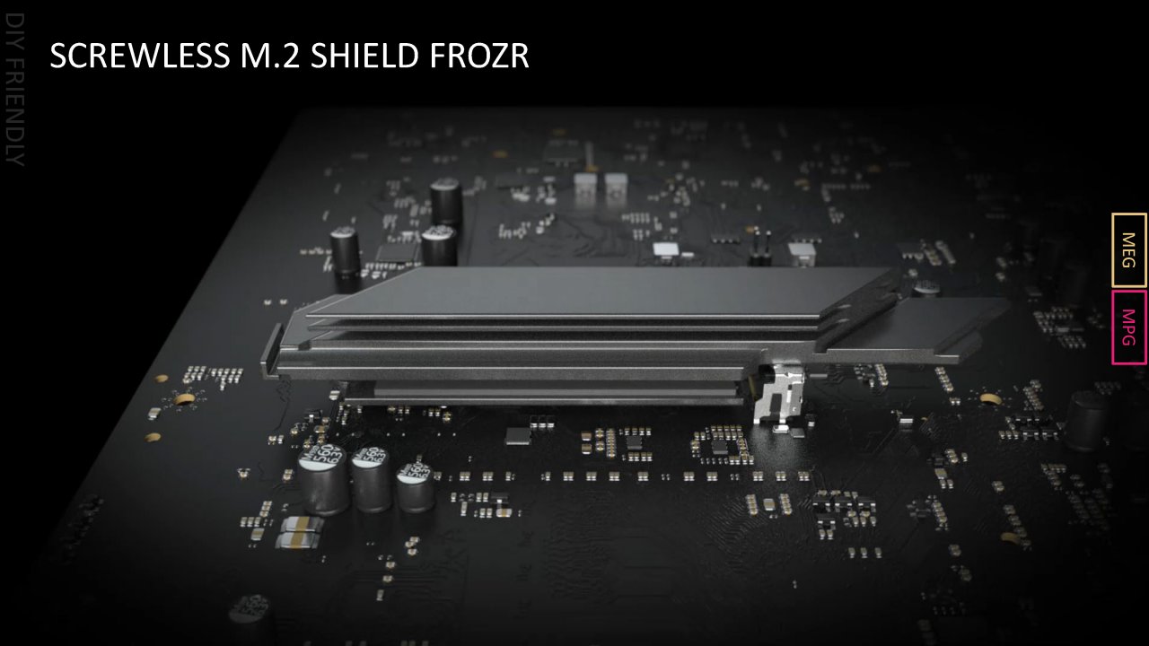 [05/08/2022] AM5-Motherboard-Showcase von AMD, Asrock, Asus, Biostar, Gigabyte und MSI (24): Knopf links außen drücken und Kühler abnehmen – MSI neuer M.2-Kühler ist definitiv ein Schritt in die richtige Richtung.