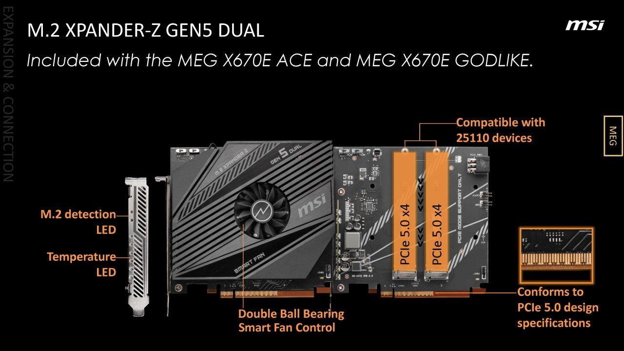 [05/08/2022] AM5-Motherboard-Showcase von AMD, Asrock, Asus, Biostar, Gigabyte und MSI (26): Beiliegende M.2-Adapterkarten dürften auch bei AM5-Mainboards wieder an einigen Stellen als Onboard-Ausstattung mitgezählt werden. X670E Godlike und Ace bieten aber immerhin einen PCI-E-5.0-×4-Slot, der eine Benutzung ohne Nachteile für die GPU-Anbindung ermöglichen könnte.