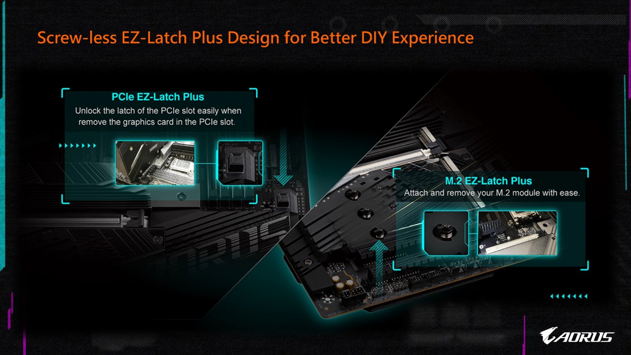 [05/08/2022] AM5-Motherboard-Showcase von AMD, Asrock, Asus, Biostar, Gigabyte und MSI (38): Haben nicht die Schweizer erfunden, sondern Asus – Schieberiegel für SSDs und Fernentriegelung für Grafikkarten. Gigabyte hat dagegen in der Vergangenheit einfach Kühlkörper so gebaut, dass PCI-E-Sicherungsmechanismen direkt erreichbar waren.