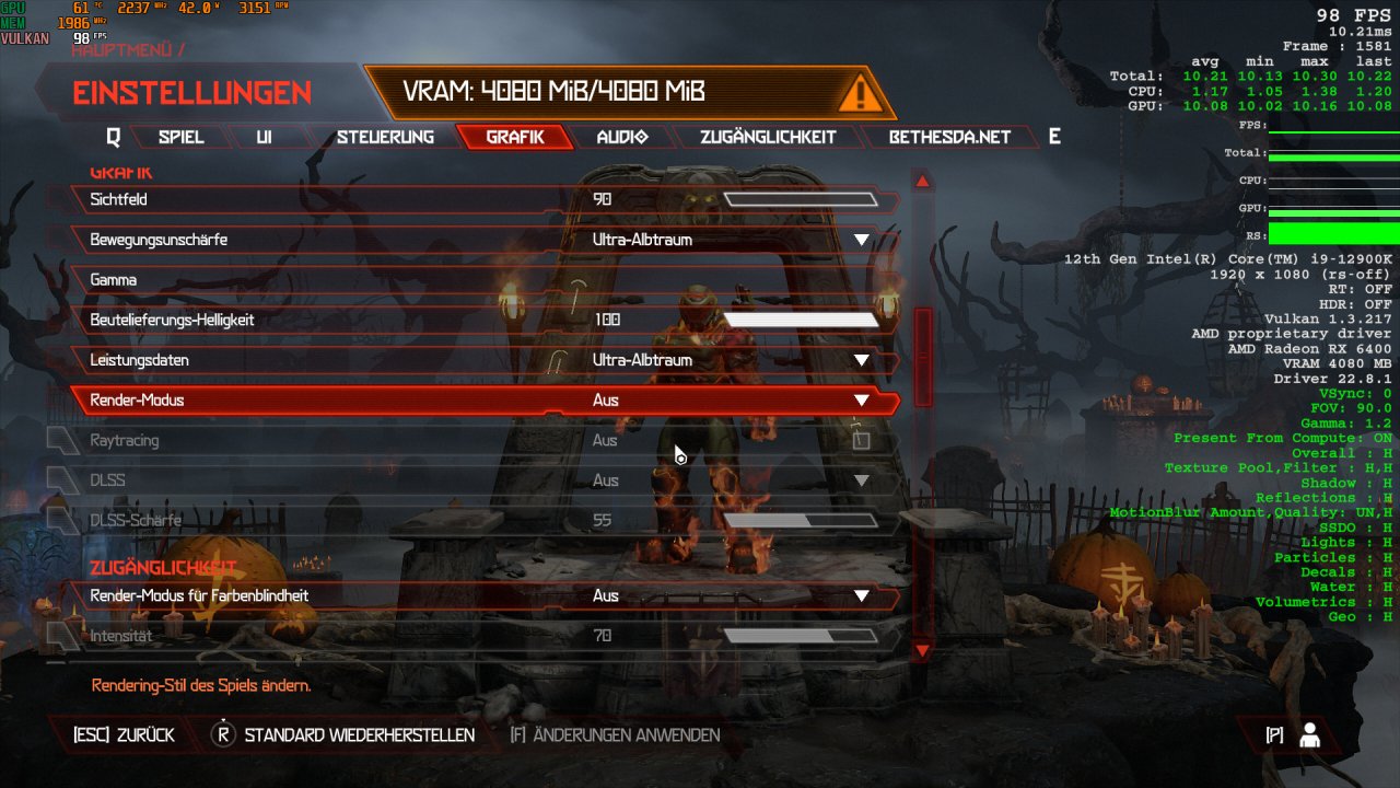Doom Eternal mit Radeon RX 6400 und 6500 XT: Kein Raytracing m&ouml;glich wegen VRAM Mangel