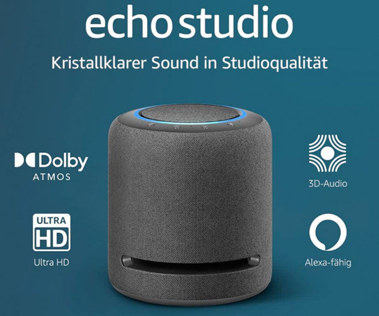 [27/09/2022] Der Echo Studio bietet Dolby Atmos, einen Subwoofer mit 220 Watt, sowie einen Hochtöner und drei 2-Zoll-Mitteltöner.