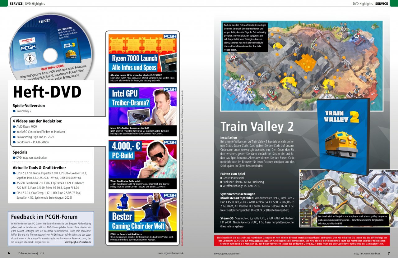 [27/09/2022] Neben Artikelextras und&nbsp;Videos befindet sich die Vollversion Train Valley 2 in der DVD-Version des PCGH-Hefts.