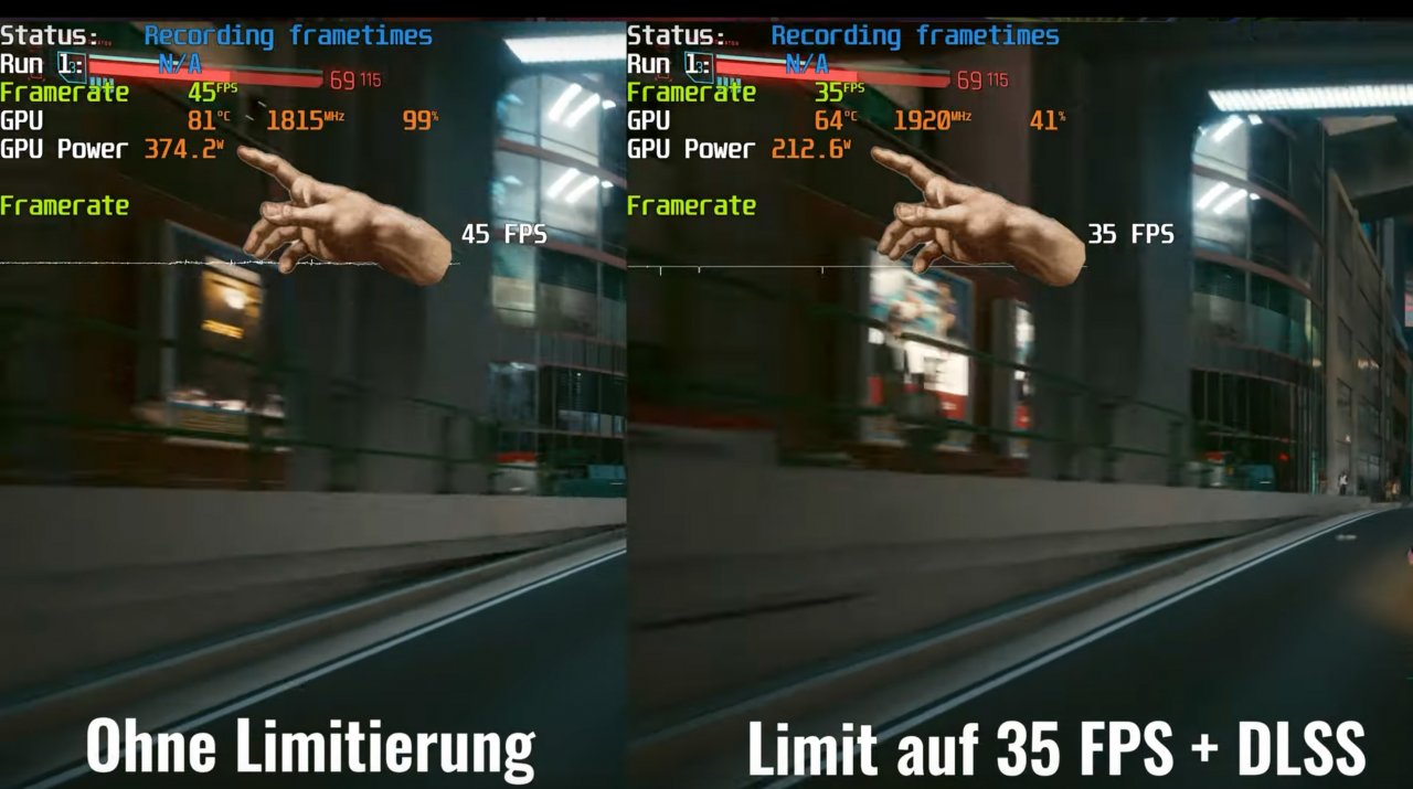 [23/09/2022] Mit einem Framelimit und DLSS Performance sparen wir bei der RTX 3080 satte 160 Watt an Leistungsaufnahme.