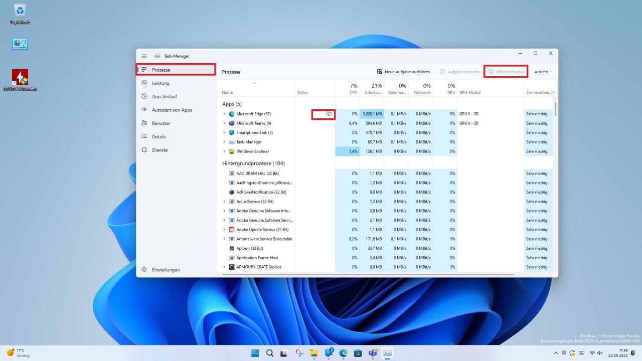[22/09/2022] Neuer Task-Manager mit Effizienz Modus in der Prozessliste in Windows 11 Version 22H2