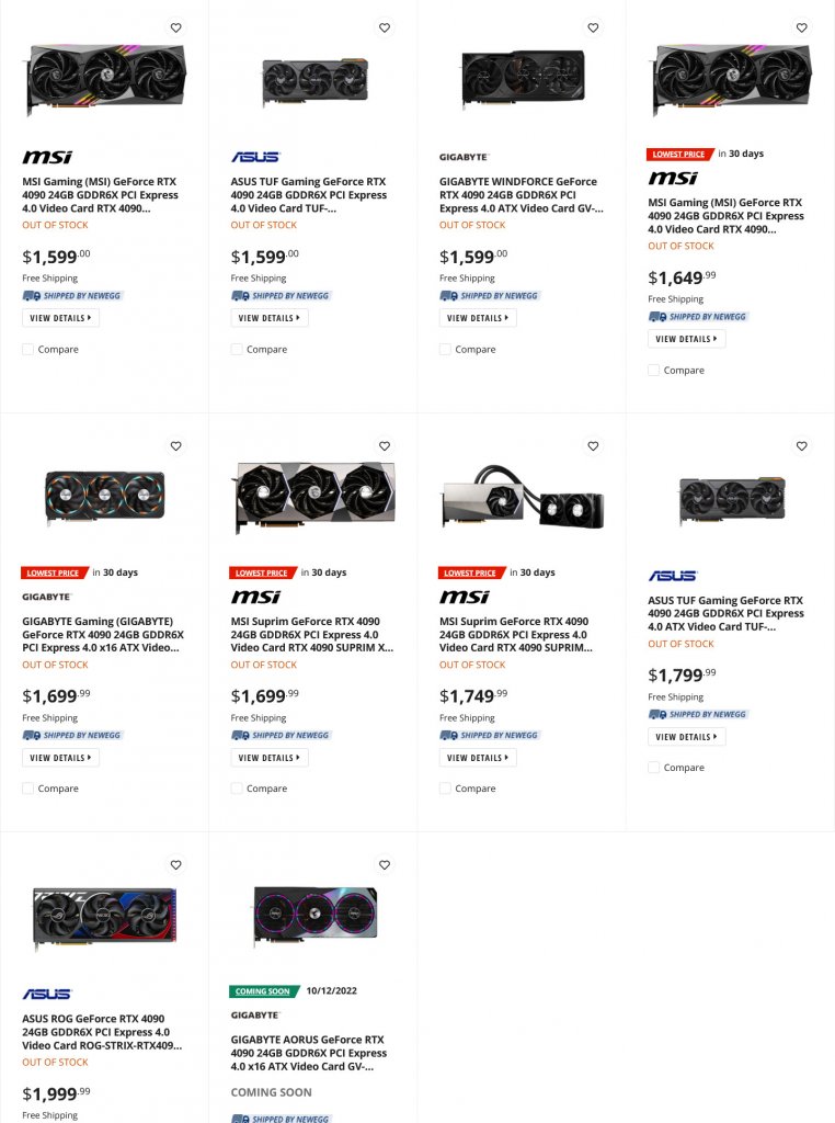 [30/09/2022] Bei Newegg wurden zehn Custom-Modelle der Geforce RTX 4090 gelistet. Die Preise bewegen sich zwischen 1.600 und 2.000 US-Dollar.