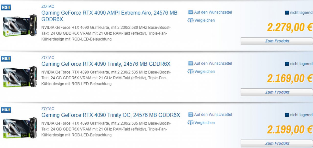 [28/09/2022] Die drei Zotac-Custom-Modelle der Geforce RTX 4090 bei Caseking.