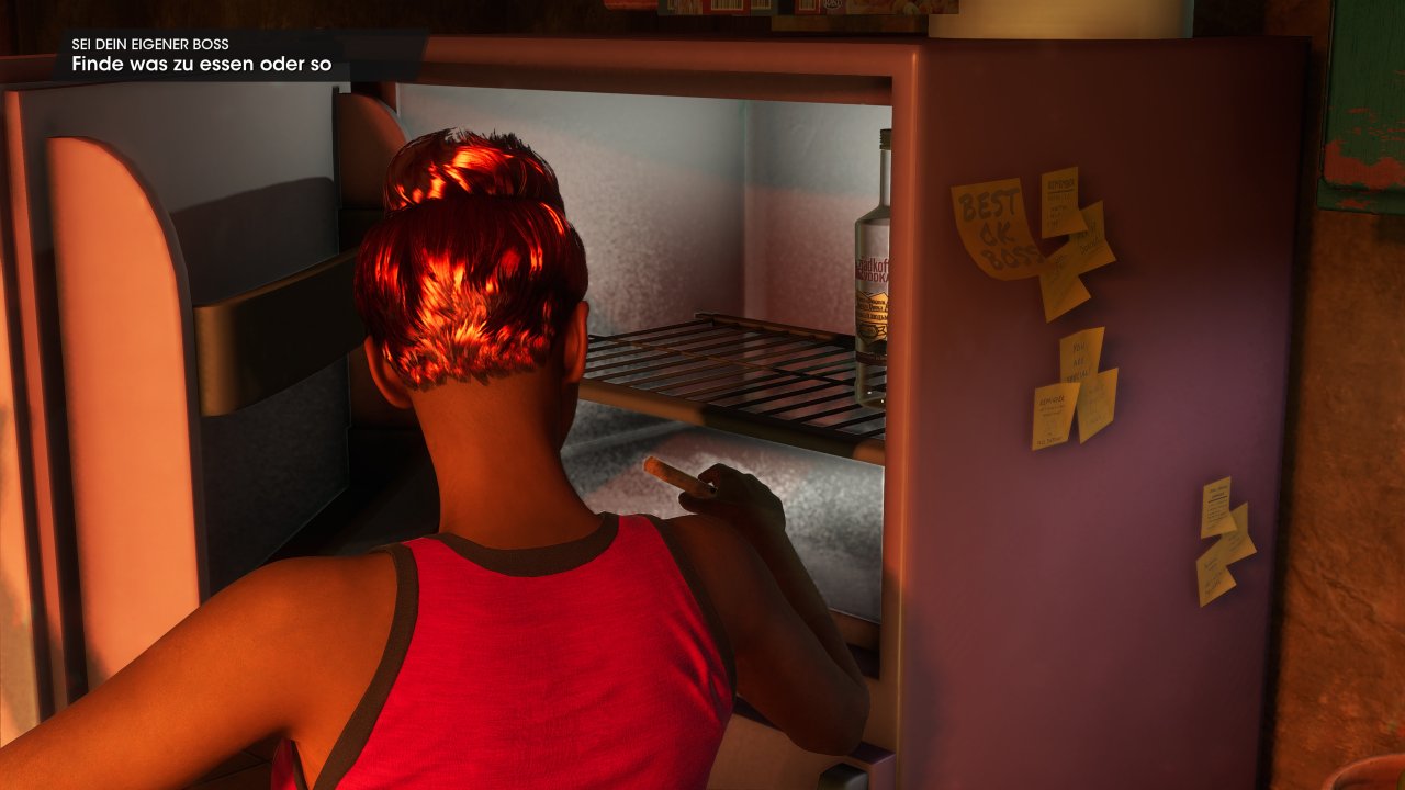 [04/09/2022] Saints Row 2022: In seltenen Fällen neigt die Raytracing Ambient Occlusion zu bröseliger Darstellung (Noise) - wie hier, kurz nach dem Öffnen des Kühlschranks.