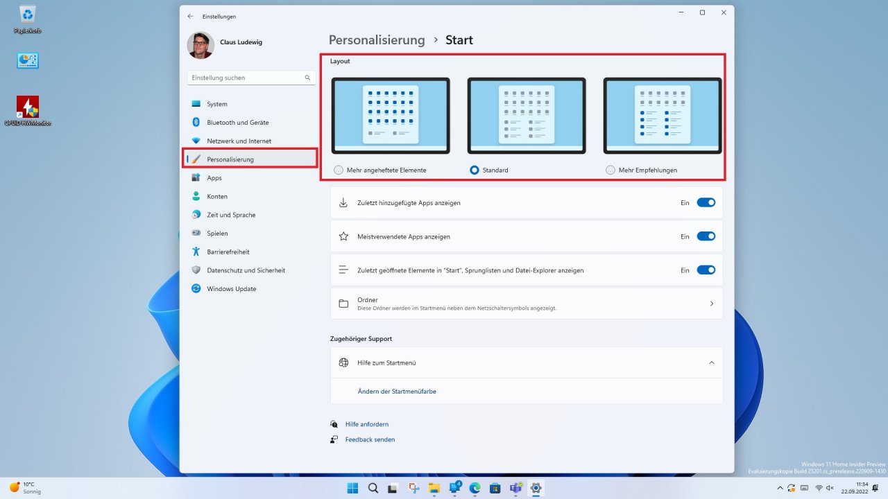 [22/09/2022] Startmenu Layout-Optionen in Windows 11 Version 22H2