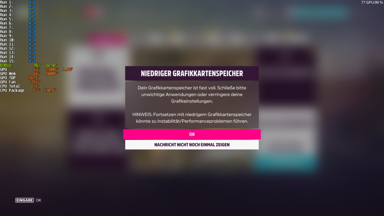 [03/10/2022] Forza Horizon 5 with MSAA and 8 GiB: VRAM Warning