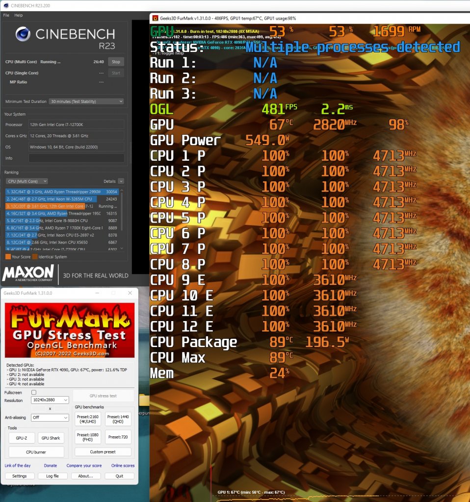 [12/10/2022] Keine Last könnte künstlicher sein, als eine Vollbelastung der CPU und GPU. In unserem Beispiel griffen wir zu Furmark für die Grafikkarte und Cinebench als Prozessorlast, um den Rechner insgesamt auf Höchsttouren zu bringen und dem Netzteil ordentlich einzuheizen.&nbsp;