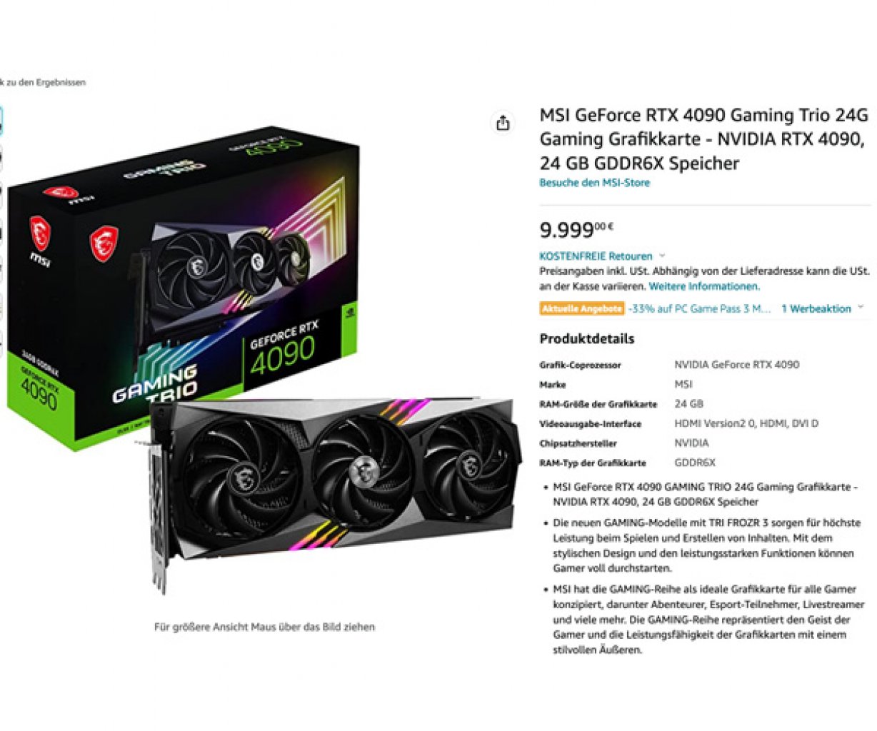 [27/10/2022] Amazon bietet derzeit eine Geforce RTX 4090 zum Mondpreis von 9.999 Euro an - 