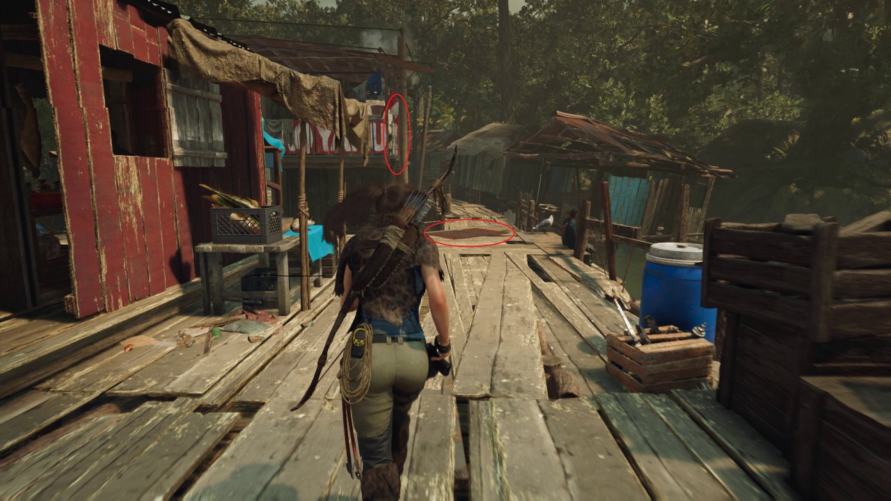 [01/10/2022] Shadow of the Tomb Raider in 4K mit XeSS Performance – Moiré-Artefakte bei den markierten Stellen. Sowohl das (schwierig erkennbare) weiße Brett, als auch das Wellblech zeigen mit Upsampling verstärkte Moiré-Effekte. Weniger stark ist der Effekt bei DLSS zu beobachten.