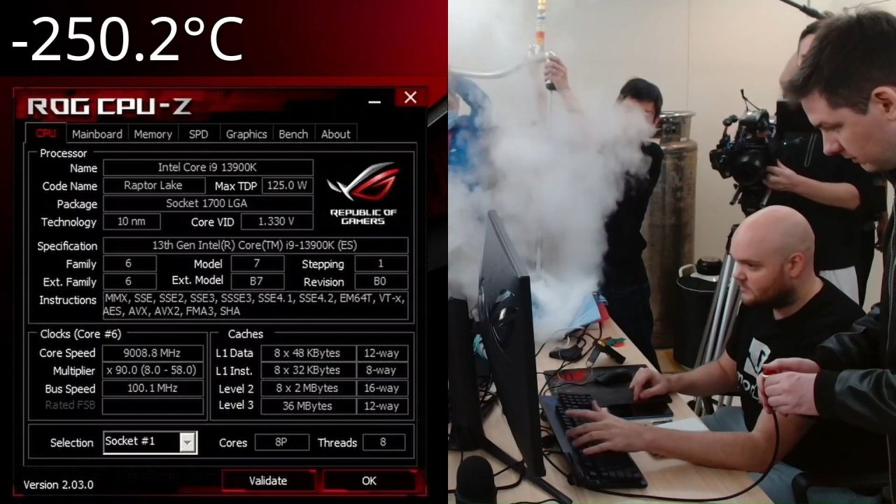 [22/12/2022] Das Overclocking-Team von Asus hat einen Core i9-13900K auf über 9 GHz übertakten können und nutzte dabei zur Kühlung flüssiges Helium.