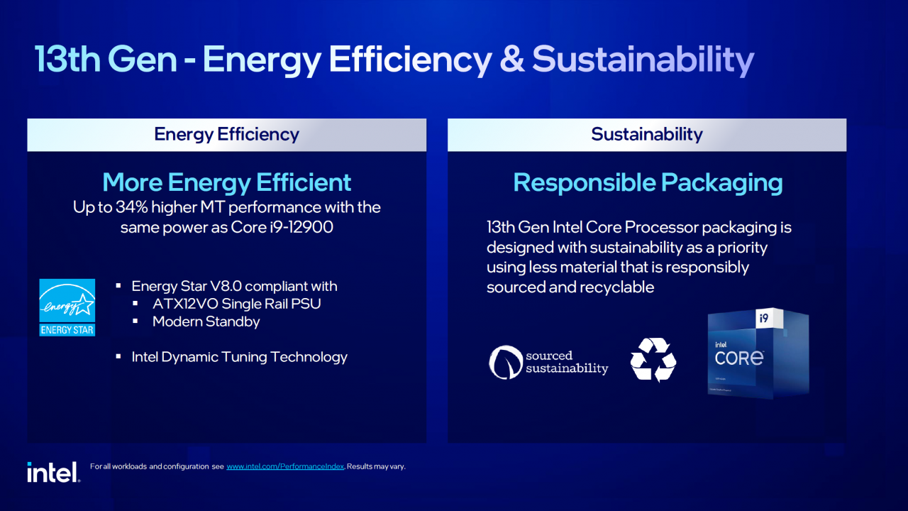 [30/01/2023] Intel betont vor allem die höhere Energie-Effizienz der 13. Core-Generation. Dass das nur für die i9- und i7-Prozessoren ohne K-Suffix gilt, zeigt die Folie (natürlich) nicht. Denn alle anderen Prozessoren, die ohne den beliebten offenen Multiplikator erschienen sind, setzen auf Alder-Lake-Technik und liefern die genannten Vorteile nicht.&nbsp;