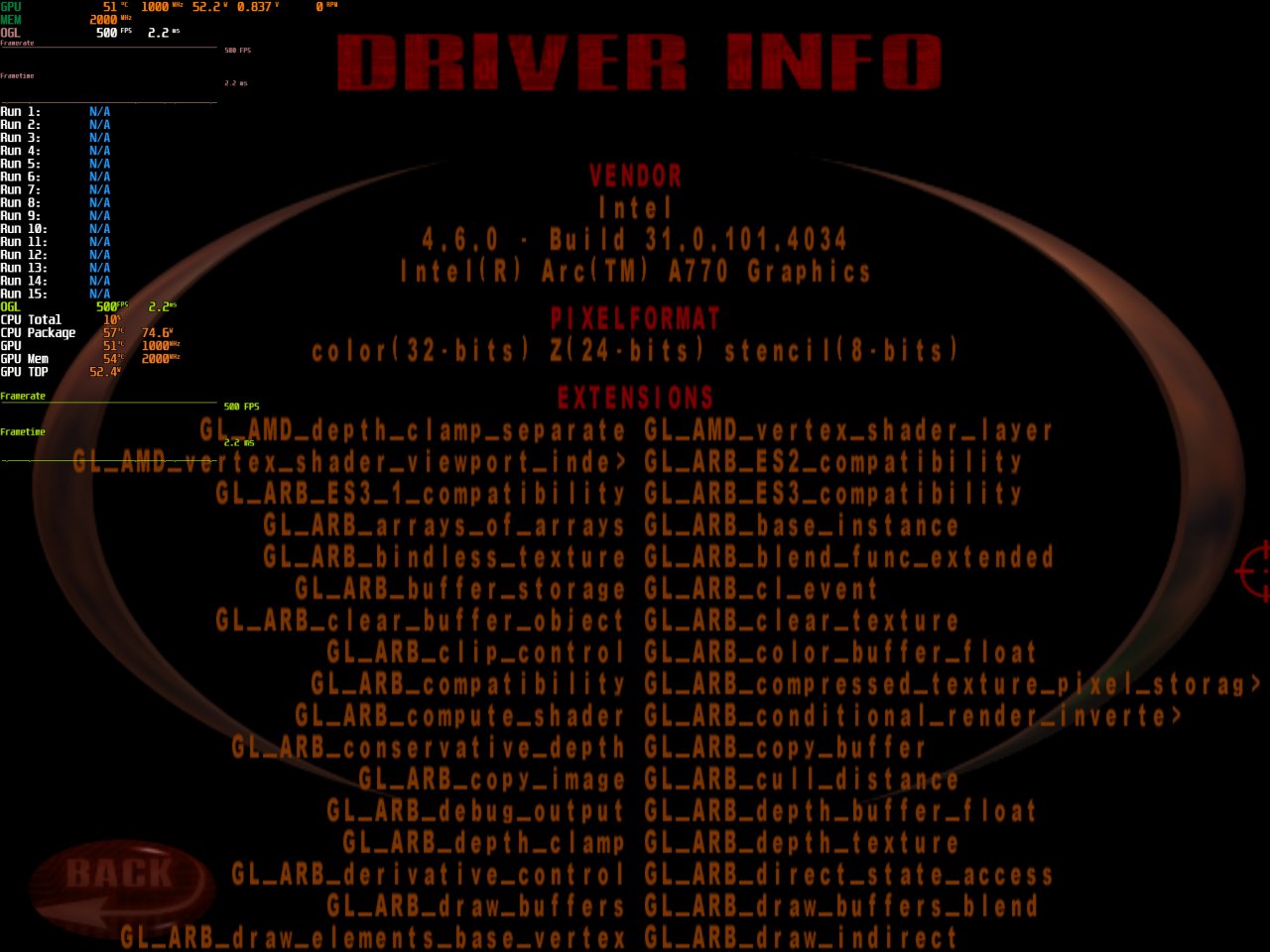 [24/01/2023] Quake 3 Arena: Läuft mit dem neuesten Arc-Treiber fehlerfrei. Im Bild: ein Blick in die gemeldeten Treiber-Caps.