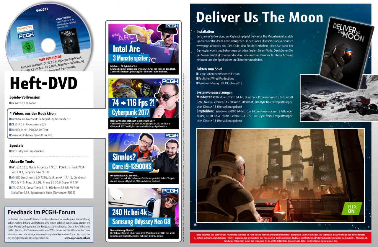 [21/02/2023] Neben den Archiven, Artikelextras, vielen nützlichen Programmen und Videos, befindet sich die Vollversion Deliver Us The Moon in der DVD-Version des PCGH-Hefts.