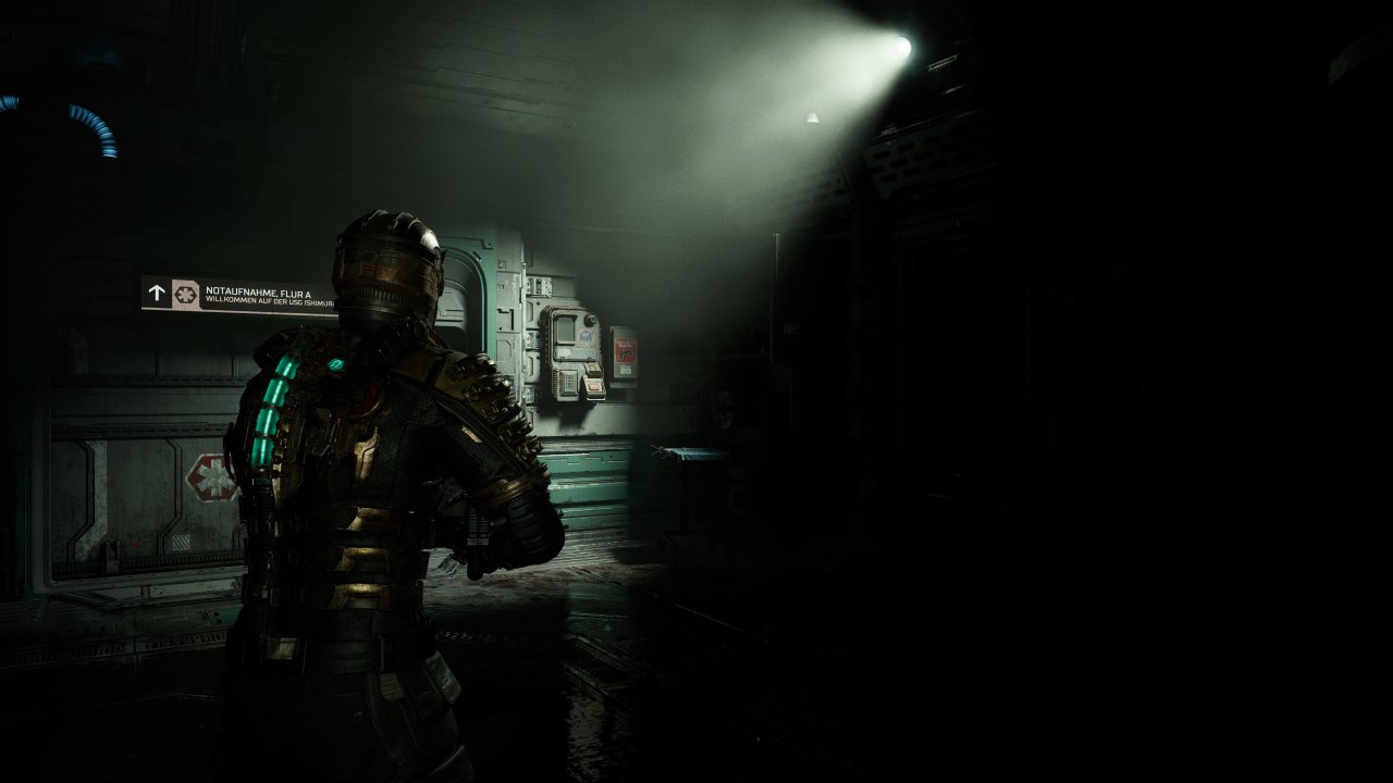 [02/02/2023] Die Stochastic Screen Space Reflections der Frostbite Engine sind auch in Dead Space generell sehr ansehnlich. Allerdings setzen sie - ebenfalls typisch Frostbite - bei Verdeckung sehr großräumig aus. Gut zu sehen unter Isaacs Ellenbogen. Das müsste selbst ohne Raytracing erwiesener Weise nicht so sein und ist uns bereits in Battlefield 1, Battlefront und Mass Effect Andromeda sehr negativ aufgefallen. Meh, DICE.