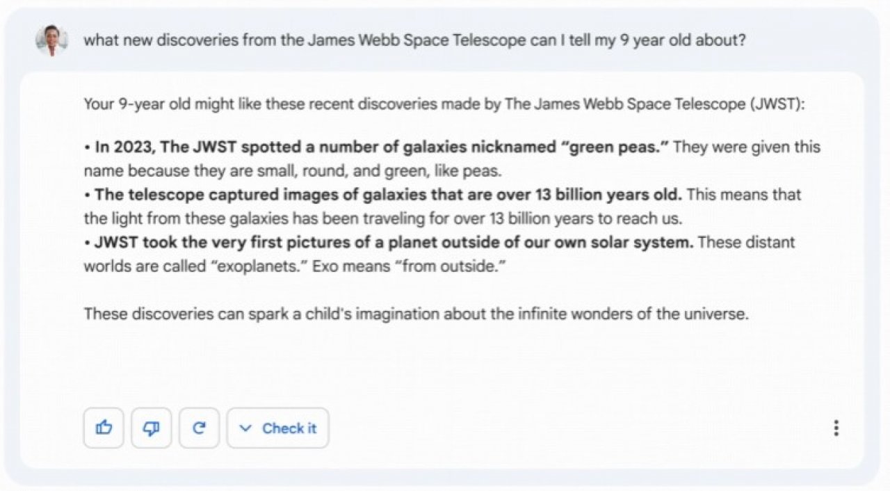 [07/02/2023] Antwort von Google Bard auf die Frage, welche Entdeckungen das James-Webb-Weltraumteleskop gemacht hat.