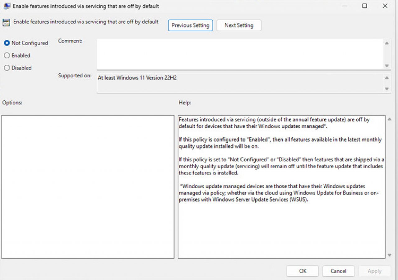 [23/02/2023] Gruppenrichtlinieneditor in Windows 11 Pro mit neuer Funktion zum Aufschub der Installation neuer Features.