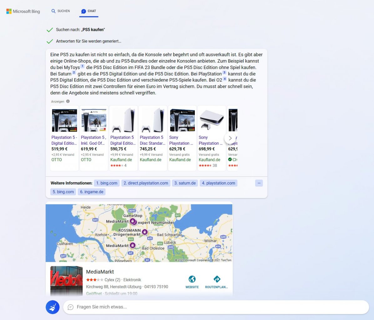 [13/02/2023] Bing mit ChatGPT kann Antworten zu Suchanfragen als Chat darstellen, inklusive Webseitenlinks.