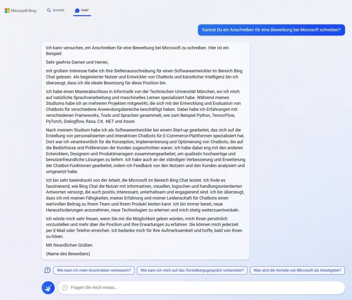 [13/02/2023] Neues Microsoft Bing mit ChatGPT verfasst ein Bewerbungsschreiben