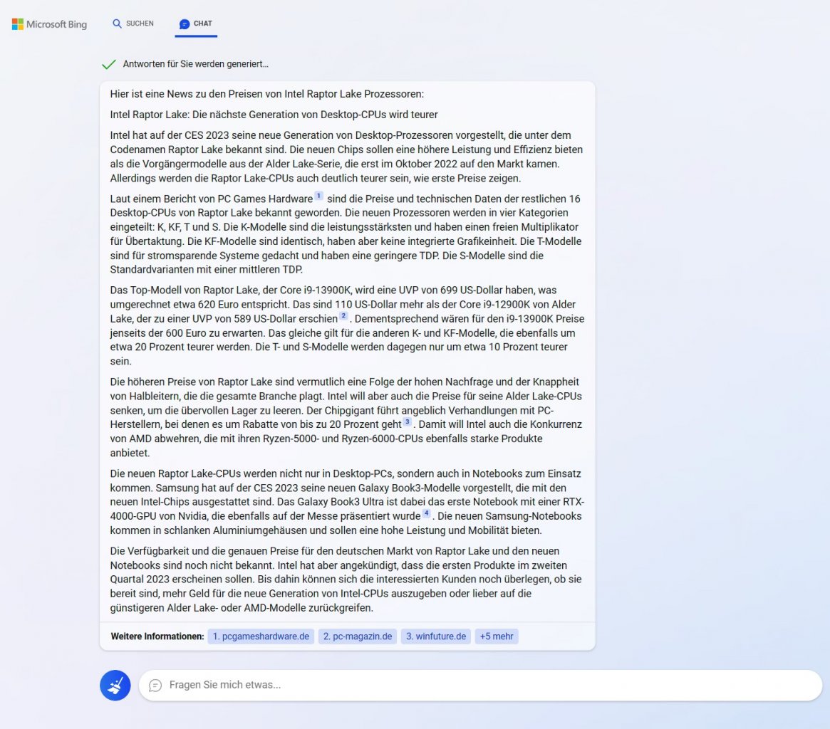 [13/02/2023] Neues Microsoft Bing mit ChatGPT verfasst eine News zu Intel Prozessoren