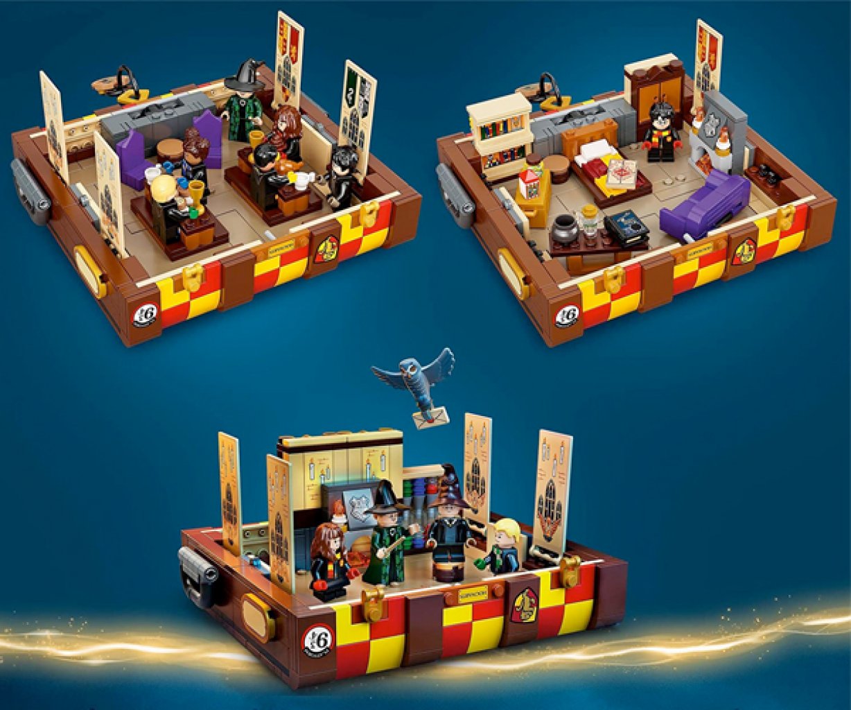 Legendäre Momente aus den Filmen und aus Hogwarts Legacy lassen sich mit dem Lego-Zauberkoffer nachbauen.