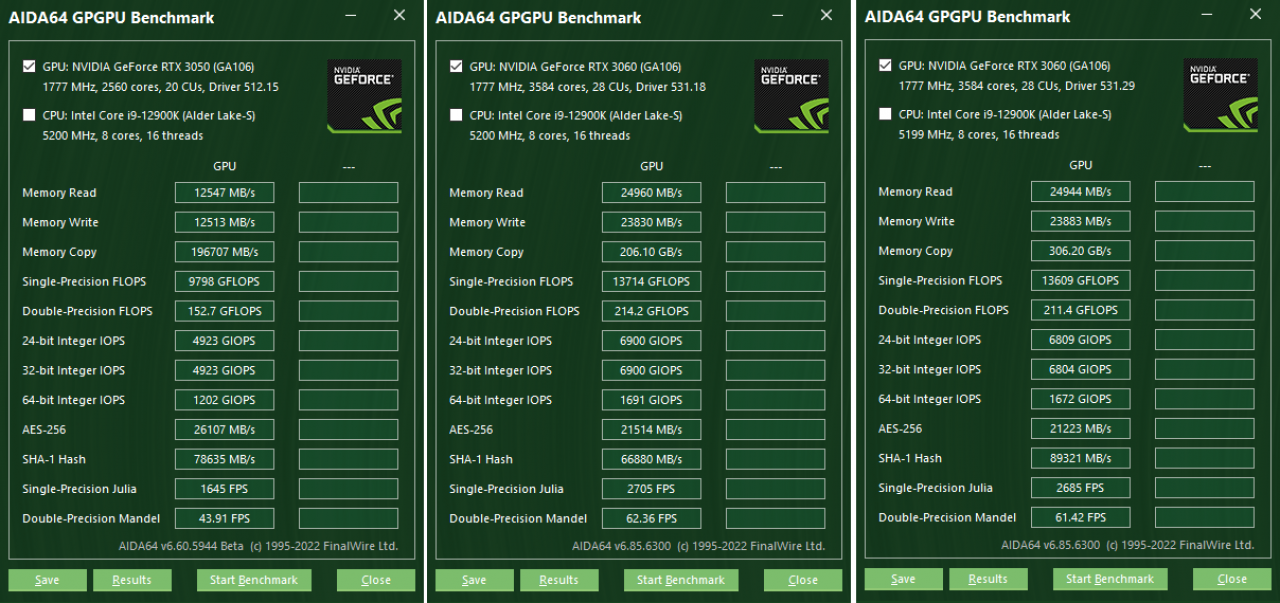 [21/03/2023] AIDA64 GPGPU Benchmark: RTX 3050 8GB - RTX 3060 8GB - RTX 3060 12GB