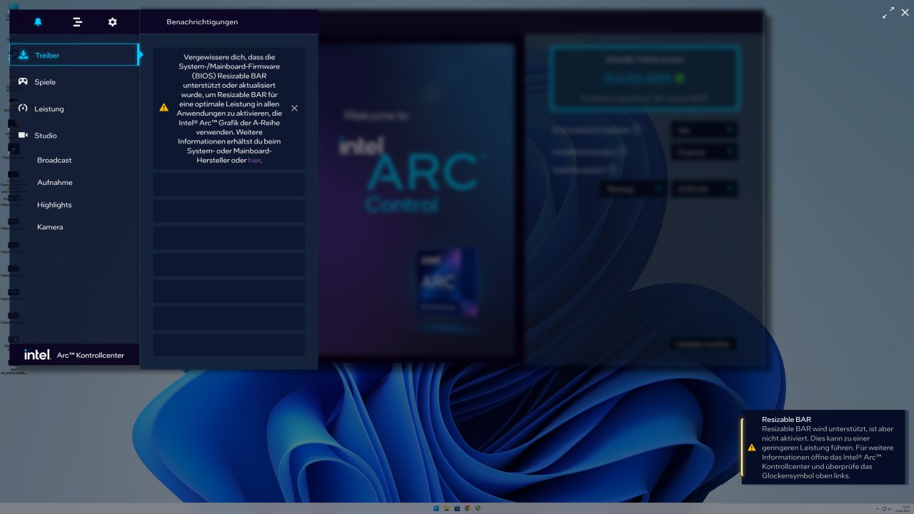 [03/03/2023] Intel Arc: Der Status von Resizable BAR (ReBAR/rBAR) wird vom Treiber geprüft. Fehlt das Feature, geht reichlich Leistung verloren.