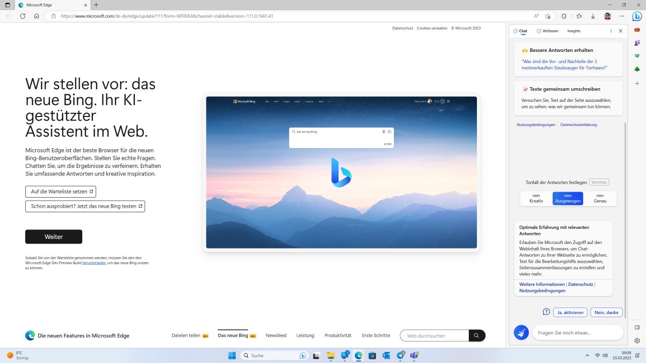 [15/03/2023] Microsoft Bing mit ChatGPT 4 im Webbrowser Microsoft Edge Version 111