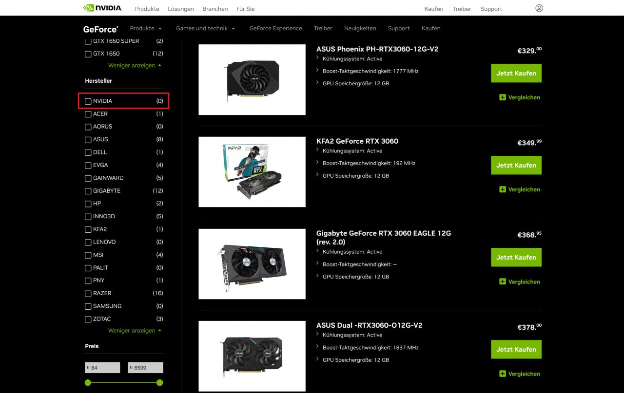 [10/03/2023] Auch der Nvidia-Store Deutschland bietet die Geforce RTX 3000 nicht mehr als Founders Edition an