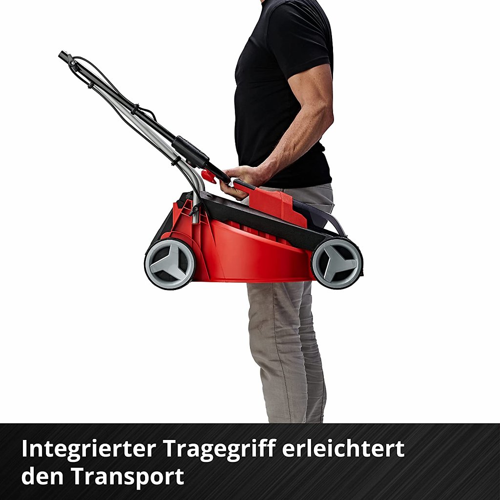 Mit seinem Tragegriff lässt sich der Akku-Rasenmäher von Einhell ganz einfach transportieren.